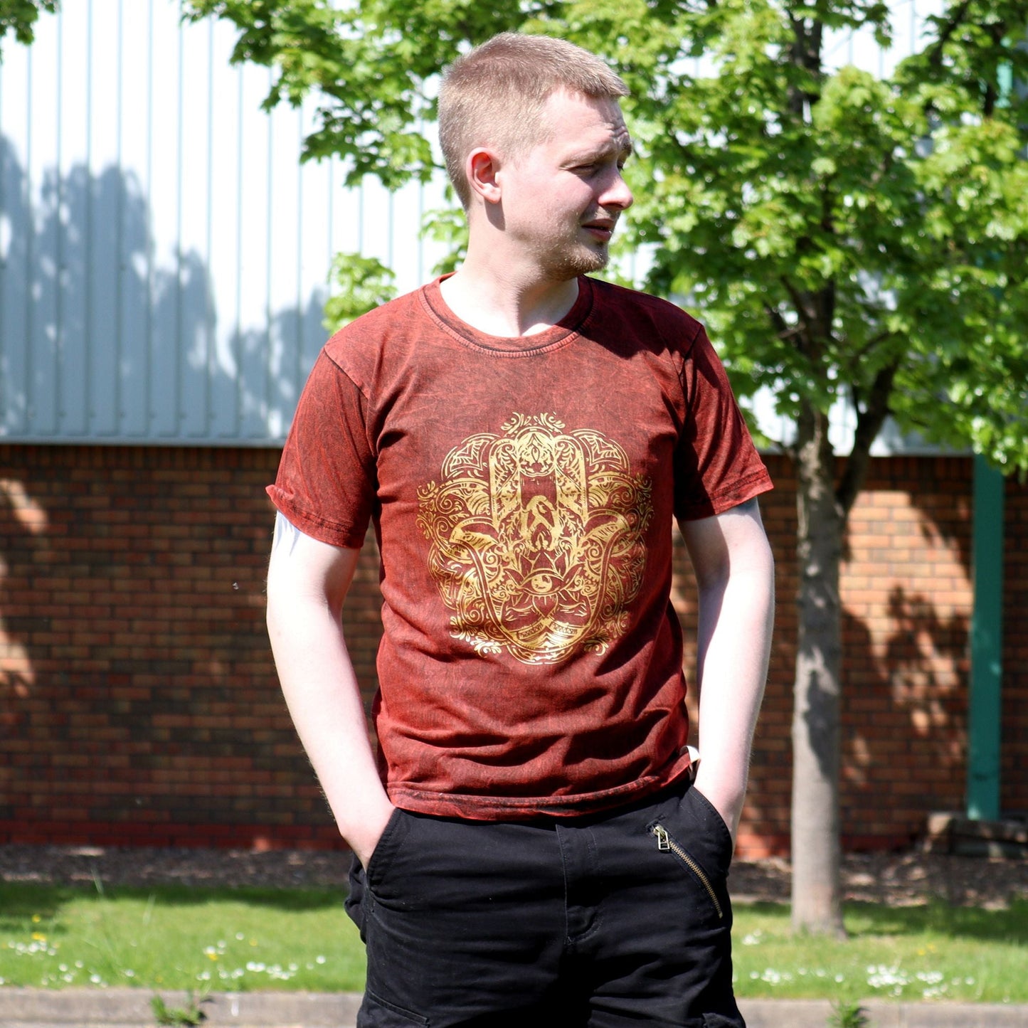 Polished Medium Stone Washed T-Shirt - Hamsa - Maroon featuring natural patterning and unique variations - Luna Panther