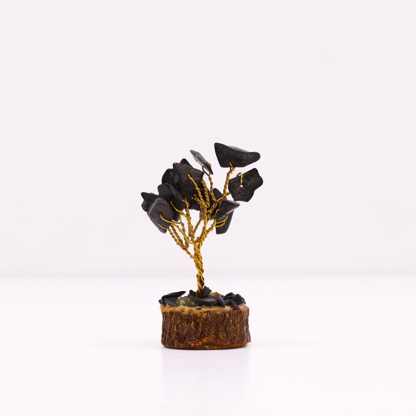 Polished Mini Gemstone Tree On Wood Base - Black Agate (15 stones) featuring banded patterns and glossy finish - Luna Panther