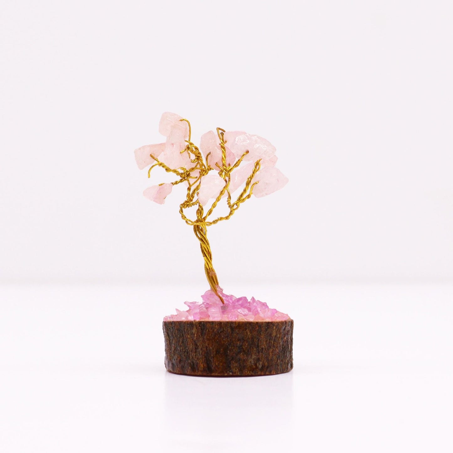 Polished Mini Gemstone Tree On Wood Base - Rose Quartz (15 stones) featuring soft pink tone and gentle translucence - Luna Panther