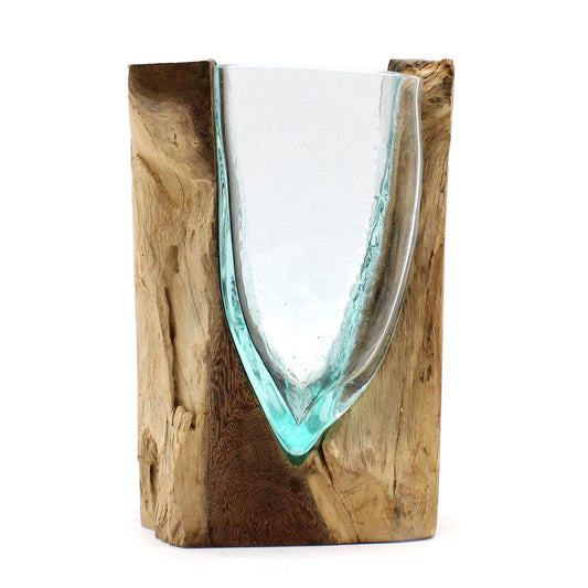 Molten Glass V - shaped Art Vase on Wood - Luna Panther