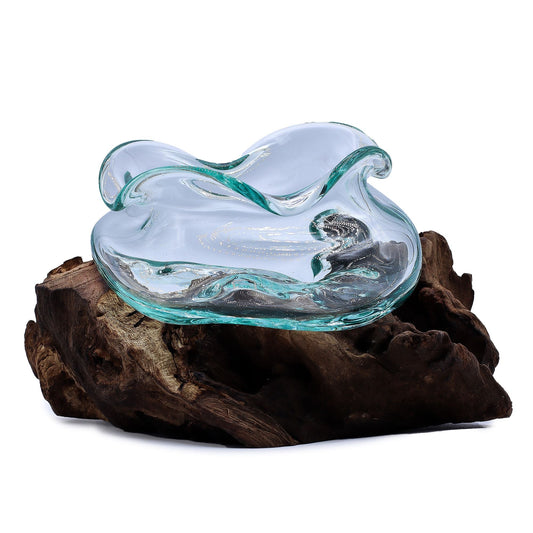 Molten Glass Wavy Bowl on Wood 18cm - Luna Panther