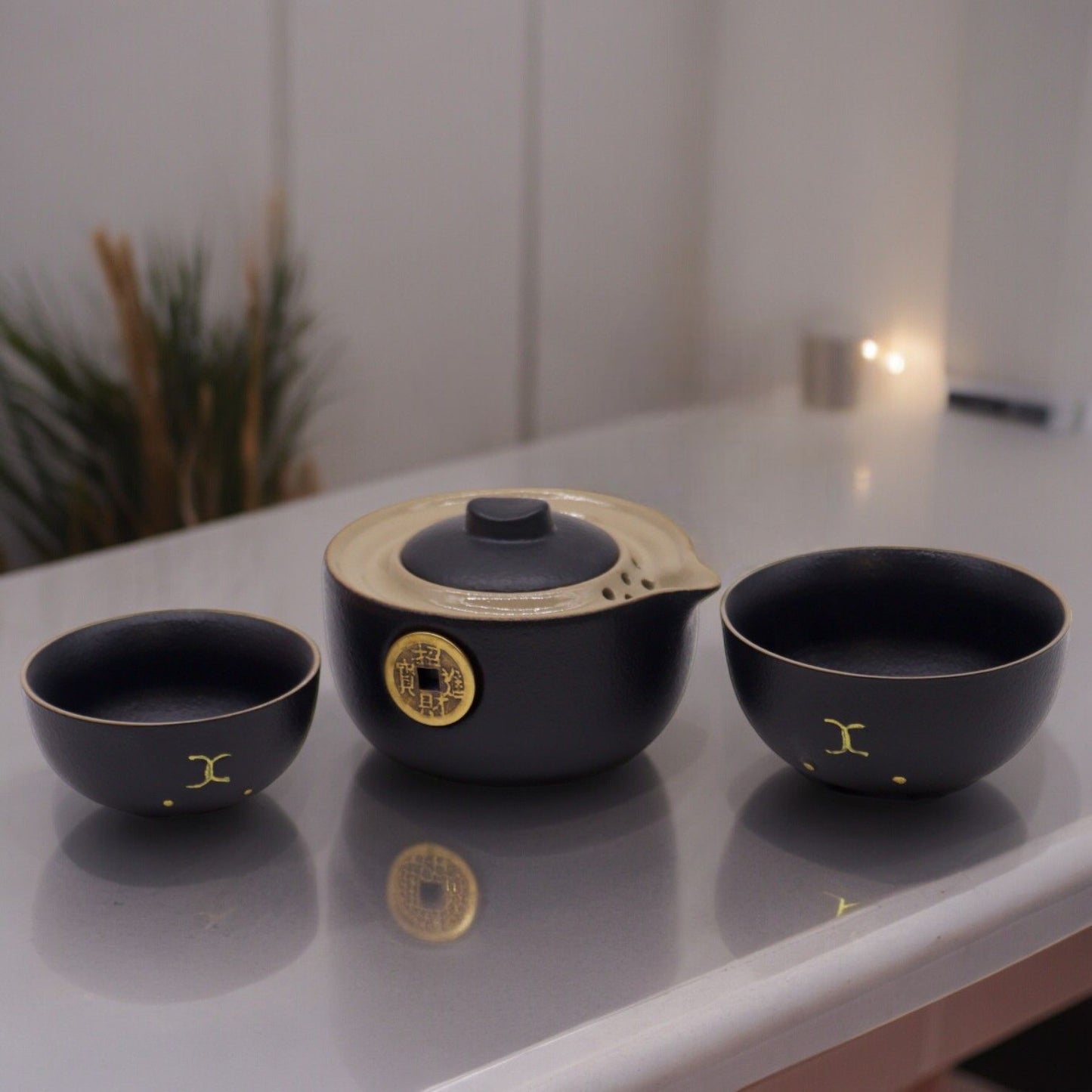 Polished Money Cat Teapot Set - Two Cups - Travel Pack - Black featuring natural patterning and unique variations - Luna Panther