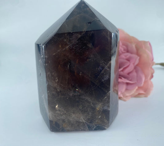 Polished Morion Smoky Quartz Tower Polished 491grams featuring smoky brown hues and natural clarity - Luna Panther