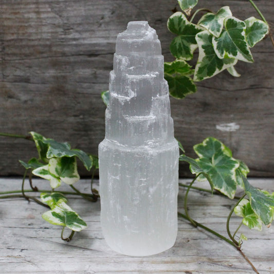 Polished Natiural Selenite Tower - 15 cm featuring satin white sheen and fibrous texture - Luna Panther