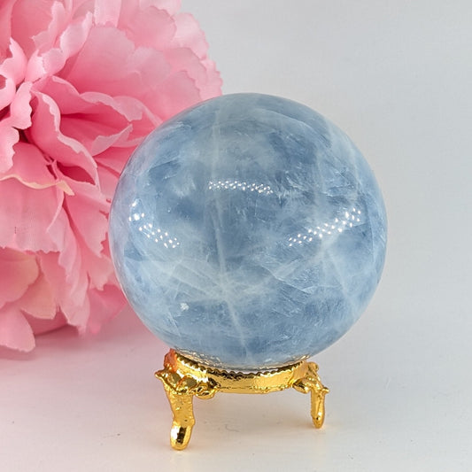 Polished Natural Blue Calcite Sphere (348g, 63mm) from Madagascar featuring soft blue tone and velvety translucence - Luna Panther