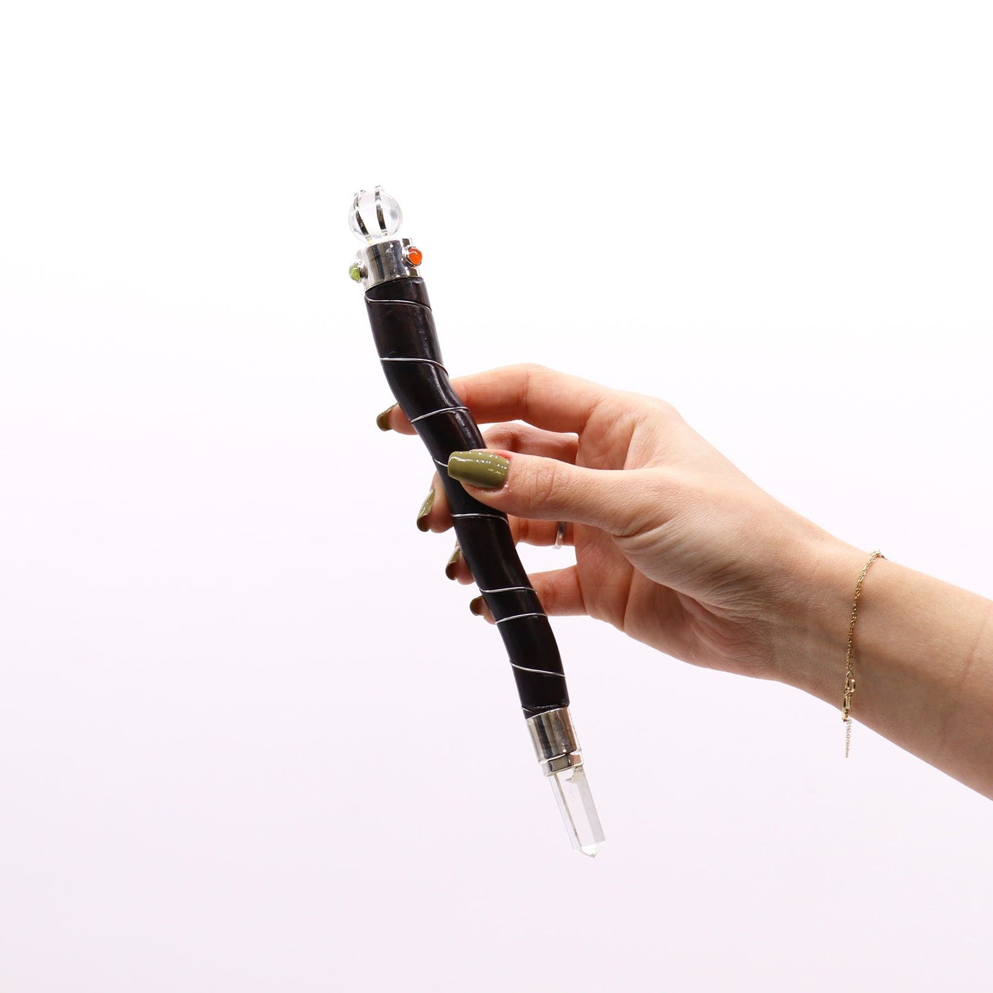 Polished Natural Curved Wood and Rock Quartz Wand featuring natural patterning and unique variations - Luna Panther