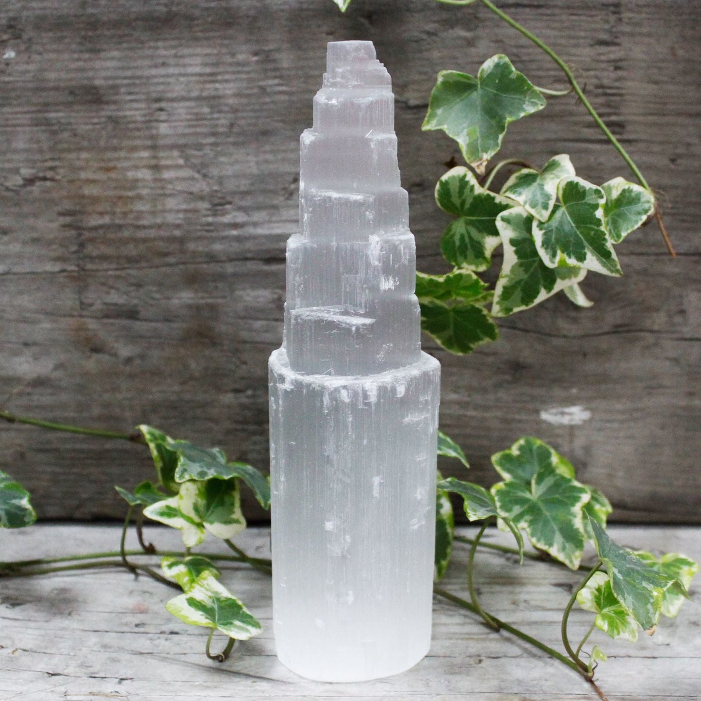 Polished Natural Selenite Tower - 20 cm featuring satin white sheen and fibrous texture - Luna Panther