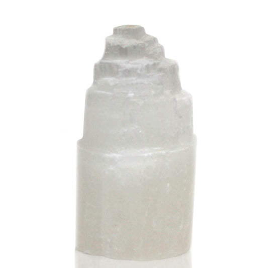 Polished Natural Selenite Tower Lamp - 15 cm featuring satin white sheen and fibrous texture - Luna Panther