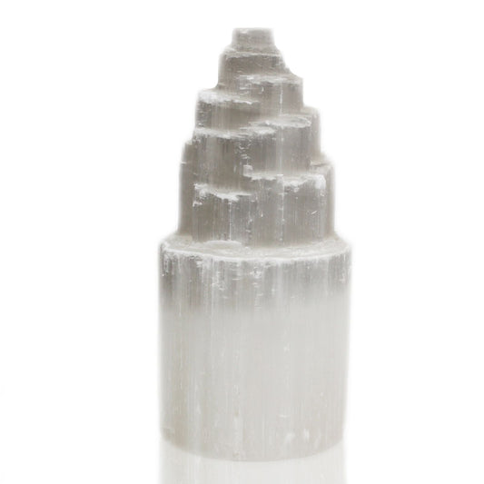 Polished Natural Selenite Tower Lamp - 20 cm featuring satin white sheen and fibrous texture - Luna Panther