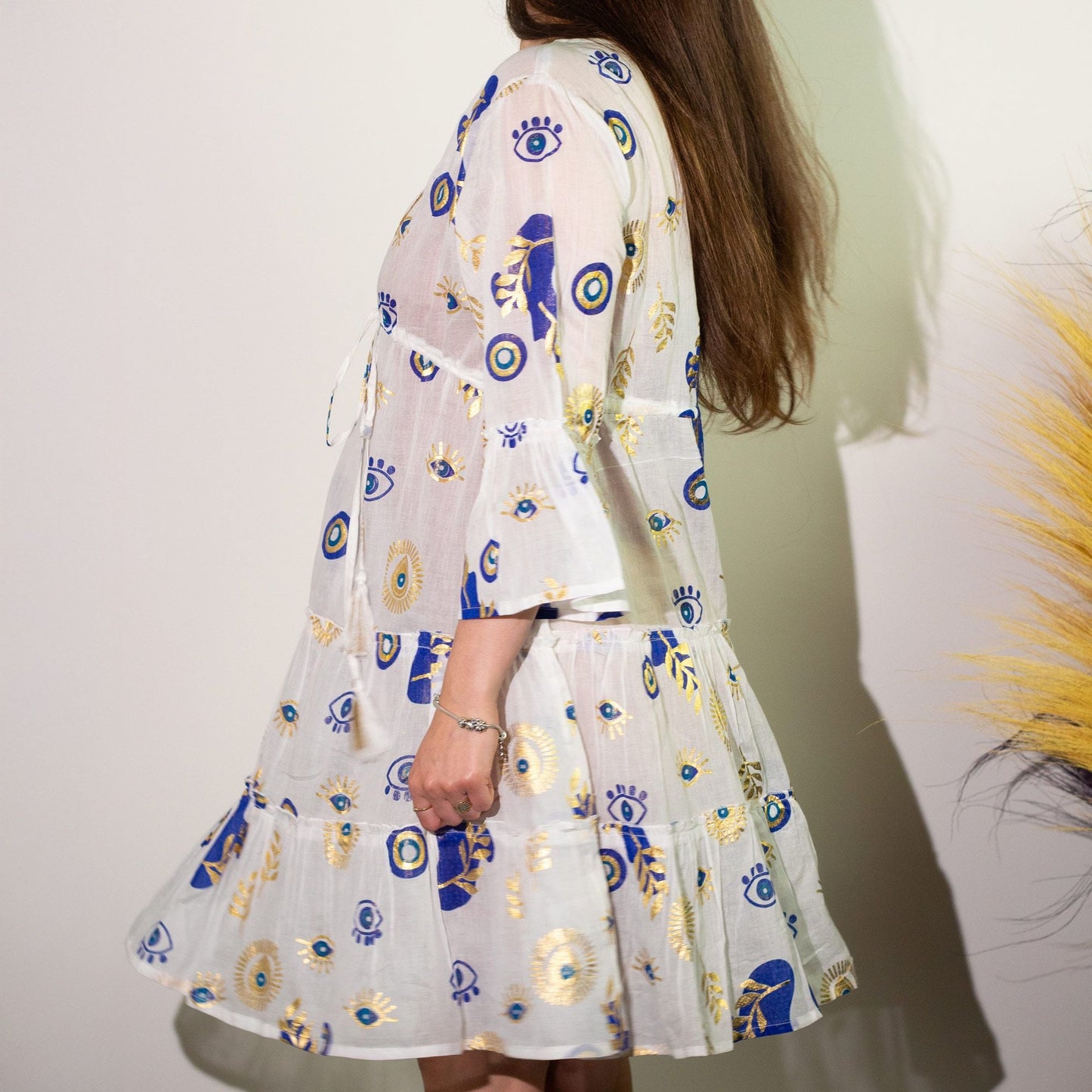 Nomad Sari Evil Eye Dress - White, Blue & Gold - Size M/L - Luna Panther