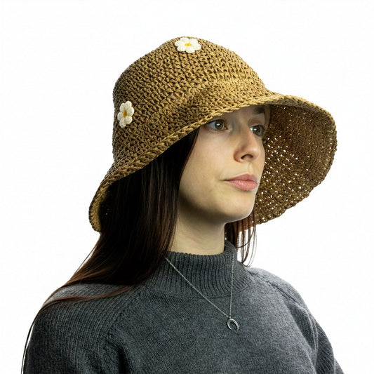 Nomad Sari Floppy Straw Sun Hat - Coffee & Daisies - Luna Panther