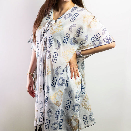 Nomad Sari Kaftan - Blue & Gold Greek Motif Print - Luna Panther alternate view