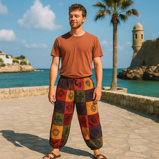 Polished Nomad Sari - Mushroom Pants - Block Print Designs - Orange Tones L/XL featuring natural patterning and unique variations - Luna Panther