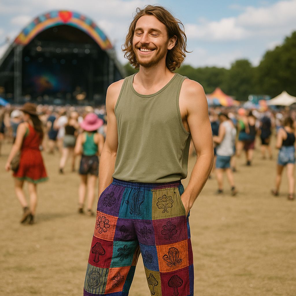 Polished Nomad Sari - Mushroom Pants - Block Print Designs - Purple Tones L/XL featuring natural patterning and unique variations - Luna Panther
