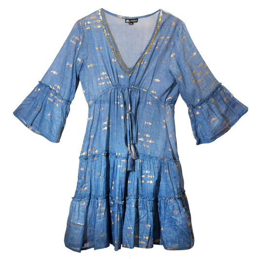 Nomad Sari Sea Blue & Gold Fish Print Dress (M/L) - Luna Panther