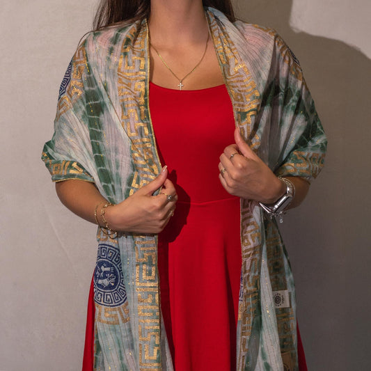 Nomad Sari Summer Marbella Print Scarf - Green with Gold (180x50cm) - Luna Panther alternate view