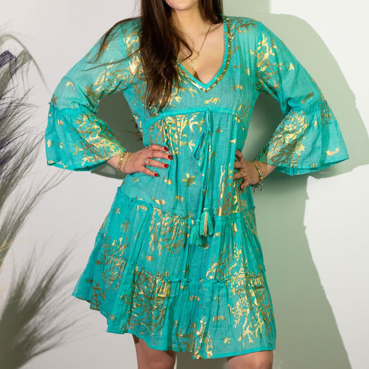 Nomad Sari Turquoise & Gold Coral Print Dress (M/L) - Luna Panther alternate view