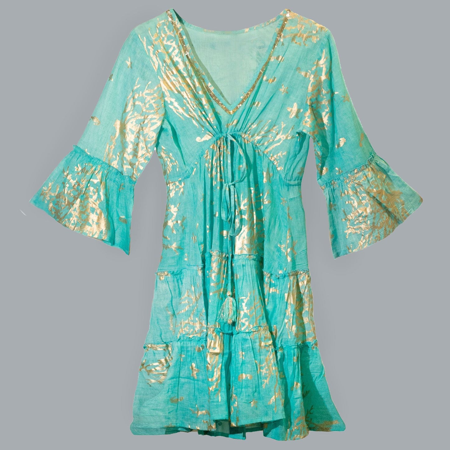 Nomad Sari Turquoise & Gold Coral Print Dress (M/L) - Luna Panther