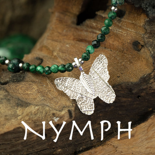 Nymph Malachite Gemstone Necklace with Real Leaf Butterfly Pendant — necklace, image 1 of 10.