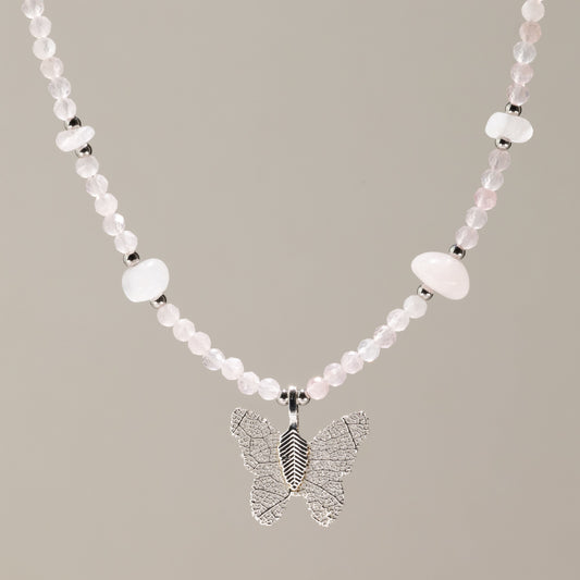 Nymph Rose Quartz Gemstone Necklace with Real Leaf Butterfly Pendant — necklace, image 1 of 8.