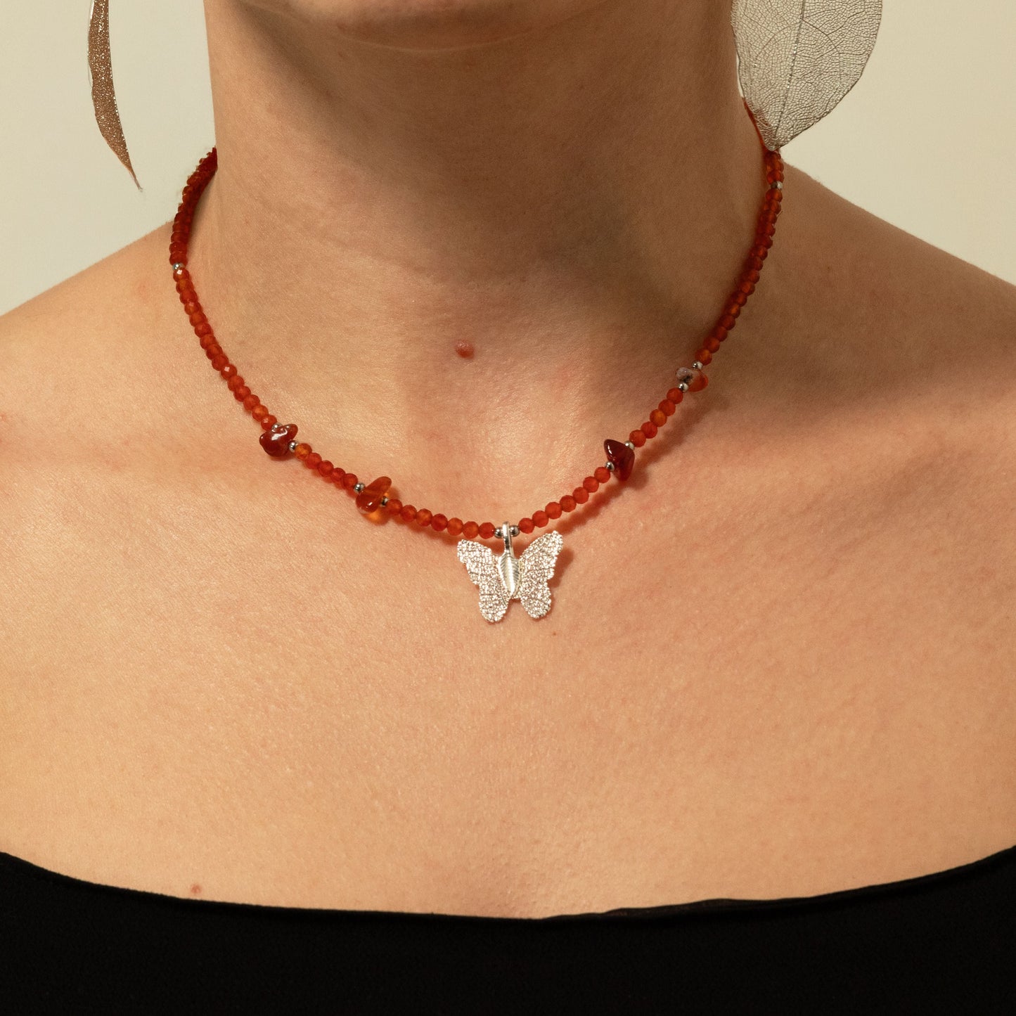 Nymph Ruby Gemstone Necklace with Real Leaf Butterfly Pendant — necklace, image 9 of 9.
