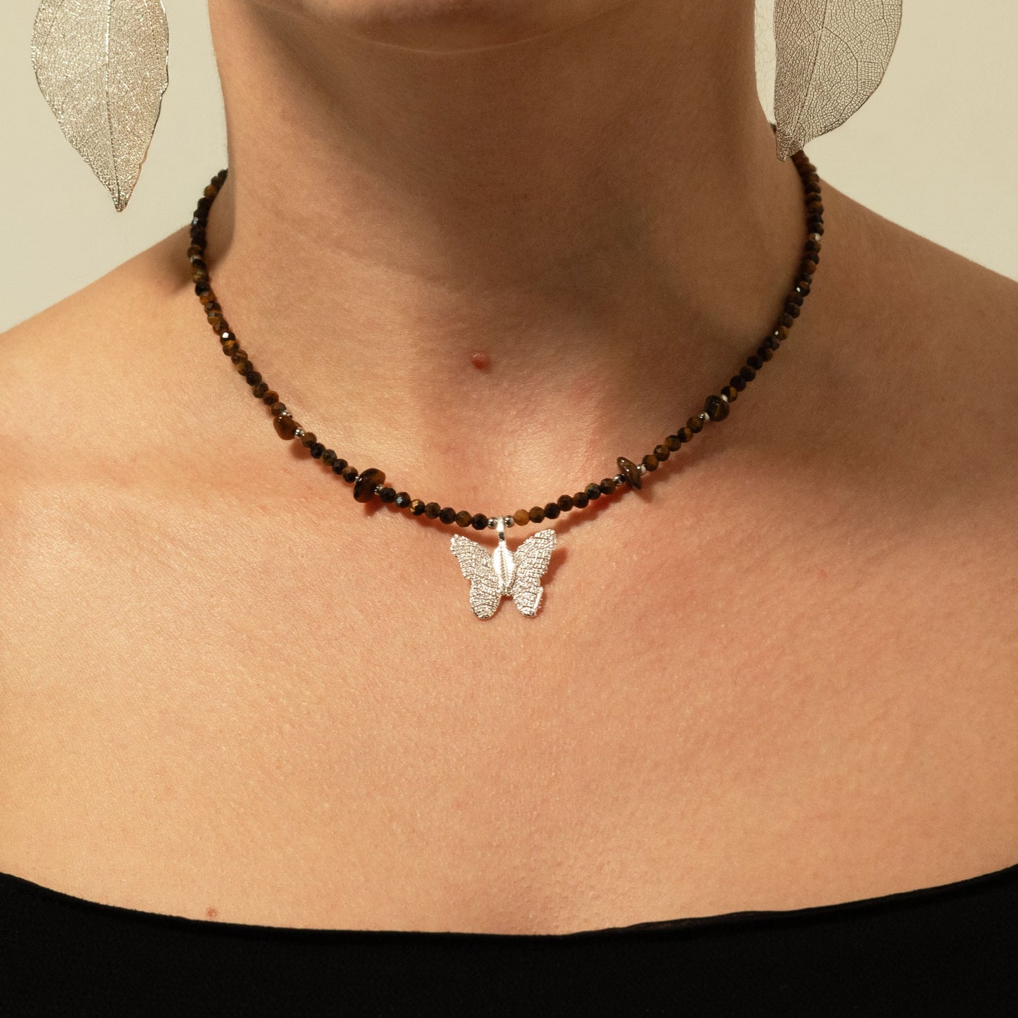 Nymph Tiger's Eye Gemstone Necklace with Real Leaf Butterfly Pendant — necklace, image 9 of 9.