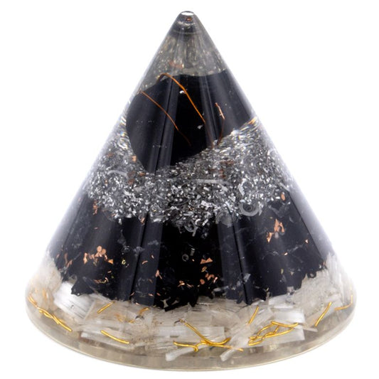 Polished Orgonite Cone - Selenite and Black Tourmaline Copper - 90 mm featuring deep black tone with natural striations - Luna Panther