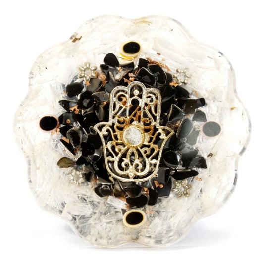 Polished Orgonite Desk Power Packs - Hamsa with Selenite - Med featuring satin white sheen and fibrous texture - Luna Panther