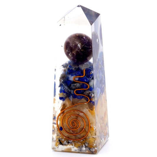 Polished Orgonite Obelisk Power Point Copper, Lapis and Yellow Aventurine - 90x25 mm featuring green tone with subtle sparkle - Luna Panther