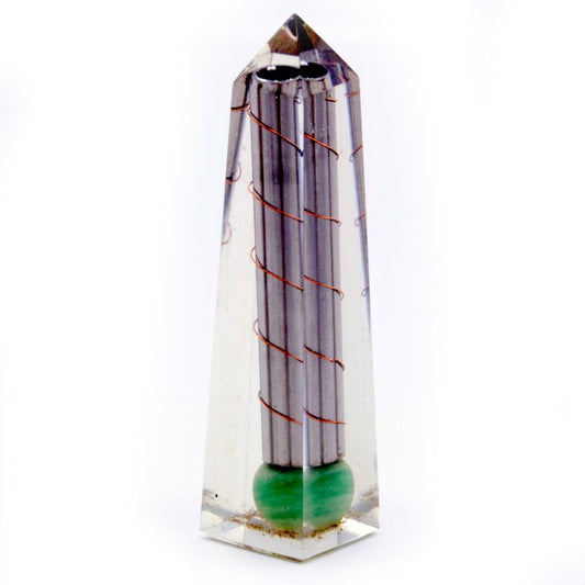 Polished Orgonite Obelisk Power Point Green Aventurine - 110x30 mm featuring green tone with subtle sparkle - Luna Panther