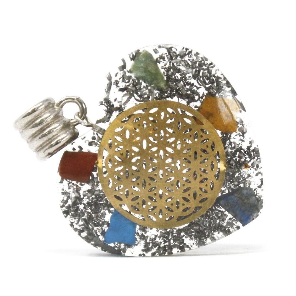 Polished Orgonite Power Pendant - 7 Stone Chakra Heart featuring natural patterning and unique variations - Luna Panther