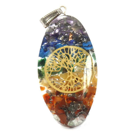 Polished Orgonite Power Pendant - 7 Stone Chakra Oval with Tree featuring natural patterning and unique variations - Luna Panther