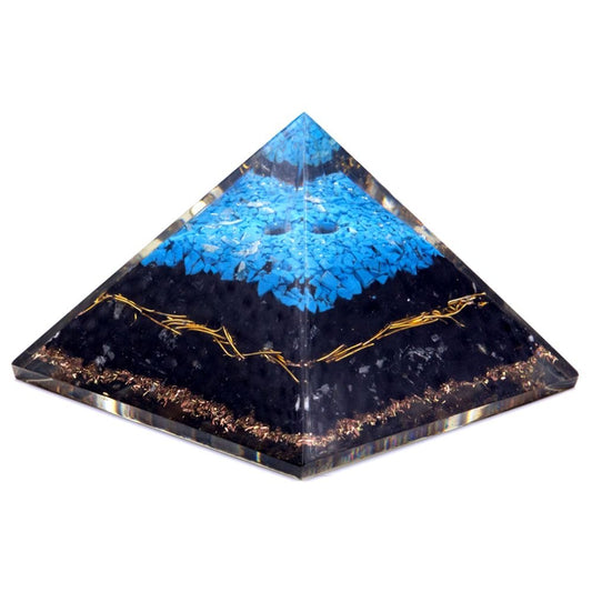 Polished Orgonite Pyramid - Turqoise and Black Tourmaline - 70 mm featuring deep black tone with natural striations - Luna Panther