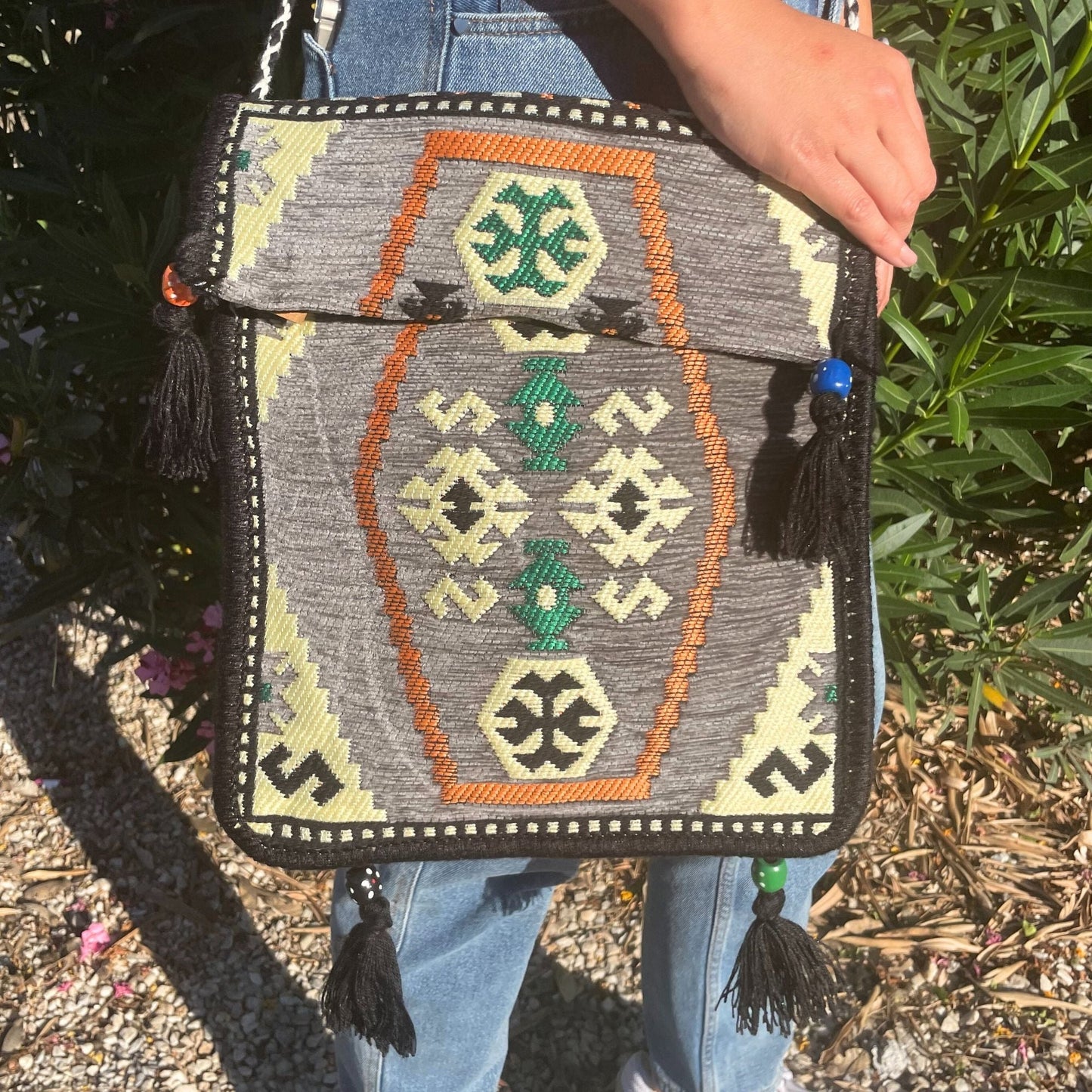 Polished Pale Grey Kilim Messenger Festival Bag featuring natural patterning and unique variations - Luna Panther