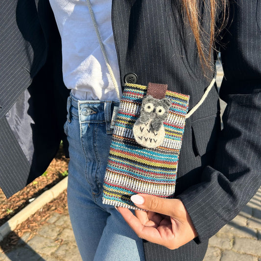 Polished Phone Holder Bag Stripes Multi and White - owl decor featuring natural patterning and unique variations - Luna Panther