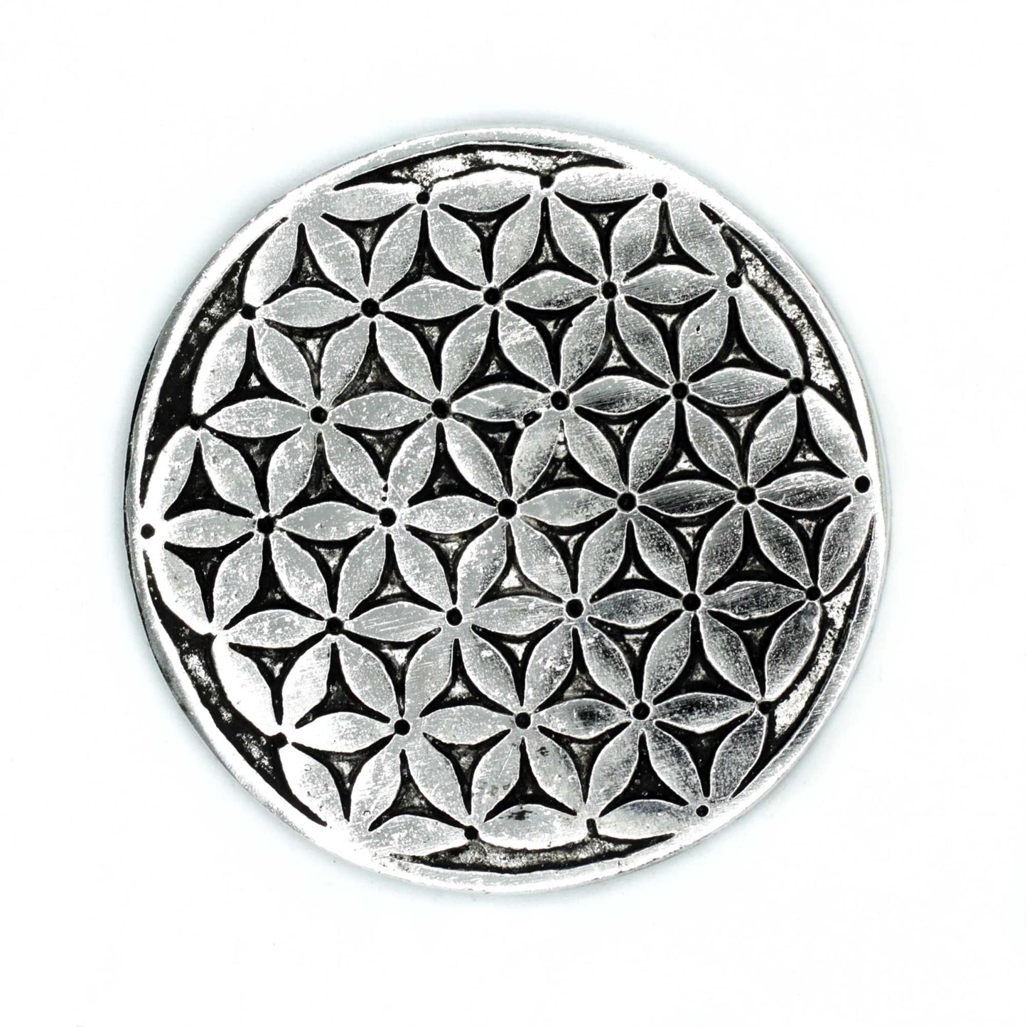 Polished Polished Aluminium Flower of Life Incense Holder 11cm featuring natural patterning and unique variations - Luna Panther