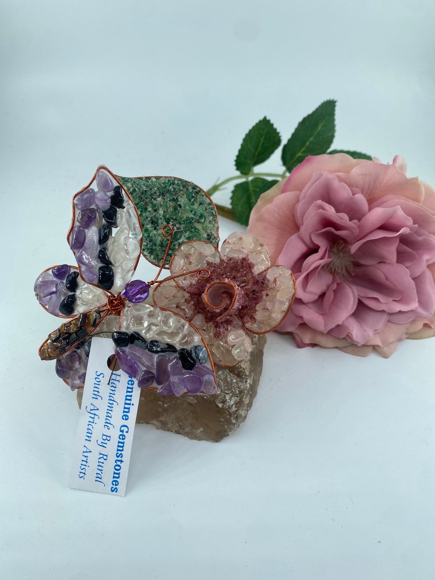 Polished Polished Gemstone Art Butterfly on Rose * featuring natural patterning and unique variations - Luna Panther