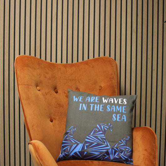 Printed Cotton Cushion Cover - We are Waves - Grey, Blue and Natural - Luna Panther