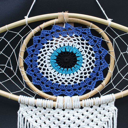 Polished Protection Dream Catcher - Lrg Macrame Evil Eye Blue/White/Black featuring natural patterning and unique variations - Luna Panther