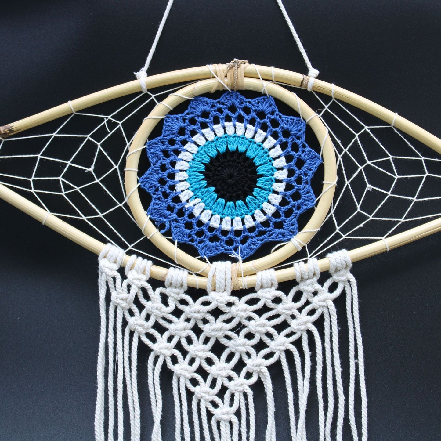 Polished Protection Dream Catcher - Med Macrame Evil Eye Blue/White/Black featuring natural patterning and unique variations - Luna Panther