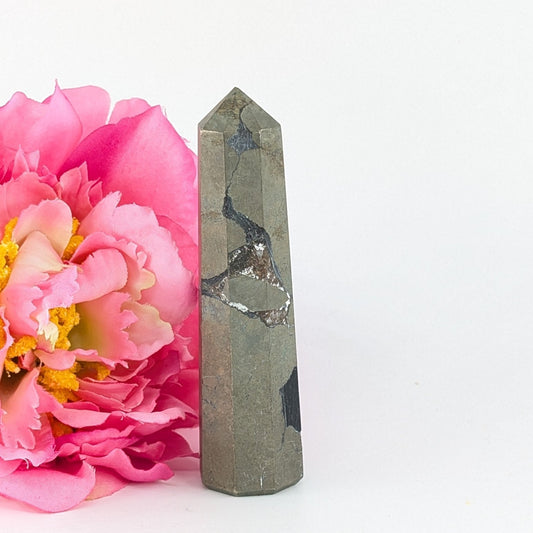 Polished Pyrite Tower 111g 85mm featuring metallic gold lustre and cubic sparkle - Luna Panther