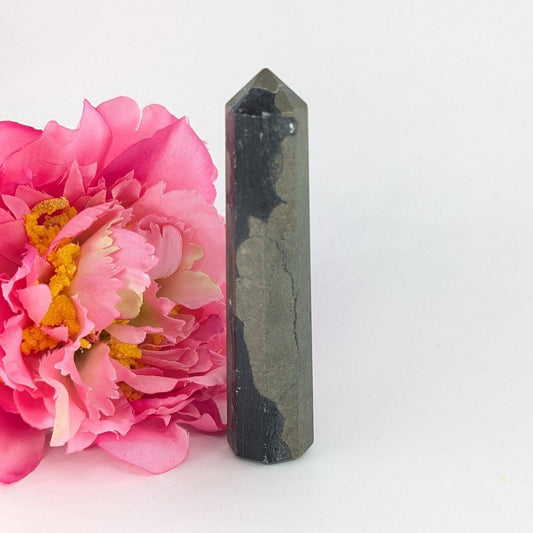 Polished Pyrite Tower 112g 97mm featuring metallic gold lustre and cubic sparkle - Luna Panther