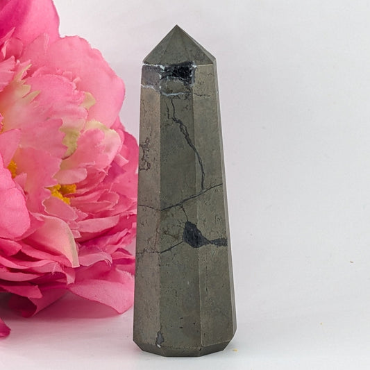 Polished Pyrite Tower 113g 76mm featuring metallic gold lustre and cubic sparkle - Luna Panther