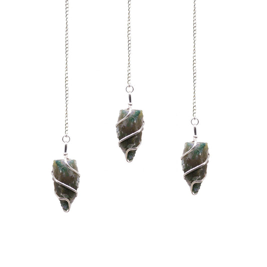 Natural Raw Gemstone Pendulum - Moss Agate featuring green mossy inclusions in translucent base - Luna Panther