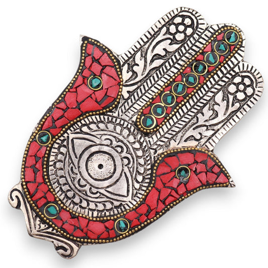Polished Red & Green Small Hamsa Incense Holder featuring natural patterning and unique variations - Luna Panther