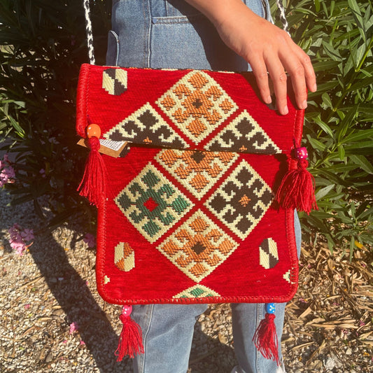 Polished Red Kilim Messenger Festival Bag featuring natural patterning and unique variations - Luna Panther