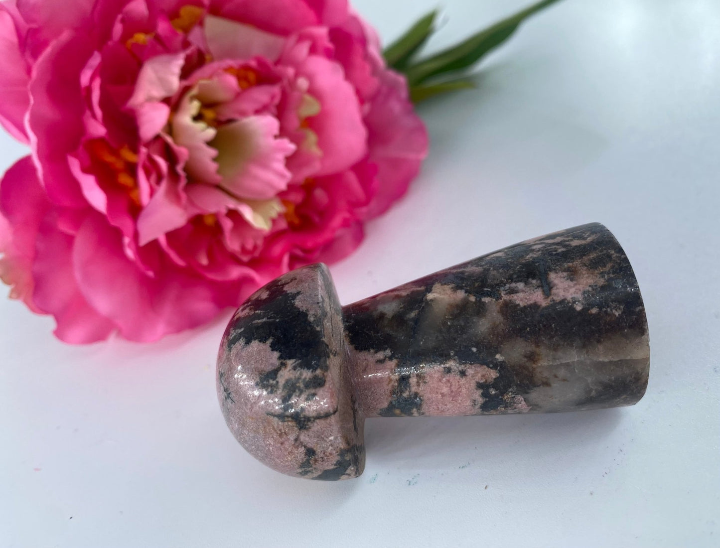Polished Rhodonite Mushroom 112Grams featuring pink tone with black veining - Luna Panther
