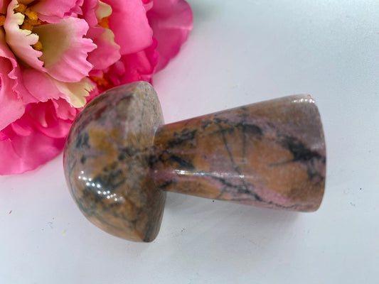 Polished Copy Of Rhodonite Mushroom 115Grams featuring pink tone with black veining - Luna Panther alternate view