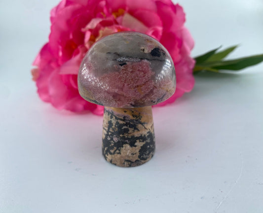 Polished Rhodonite Mushroom 117grams featuring pink tone with black veining - Luna Panther