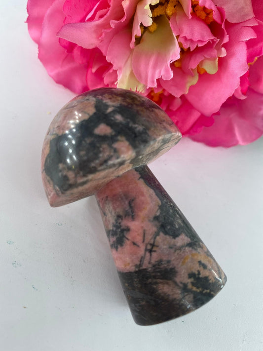 Polished Rhodonite Mushroom 140Grams featuring pink tone with black veining - Luna Panther alternate view